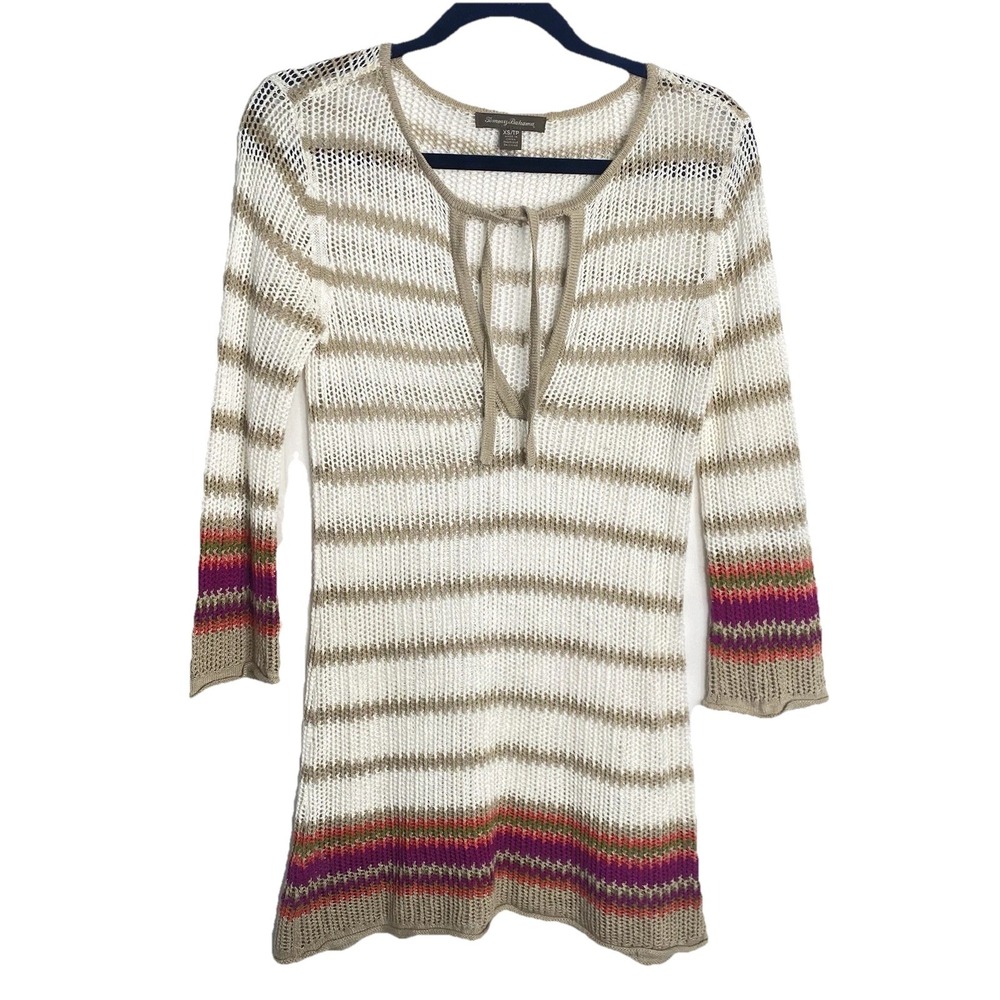 Tommy Bahama Swimsuit Cover White Cotton Open Knit Stripe Tunic Sweater Women XS